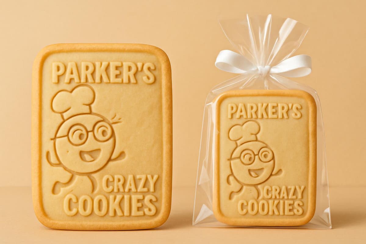 Sample logo cookie design showing a custom branded cookie in professional packaging